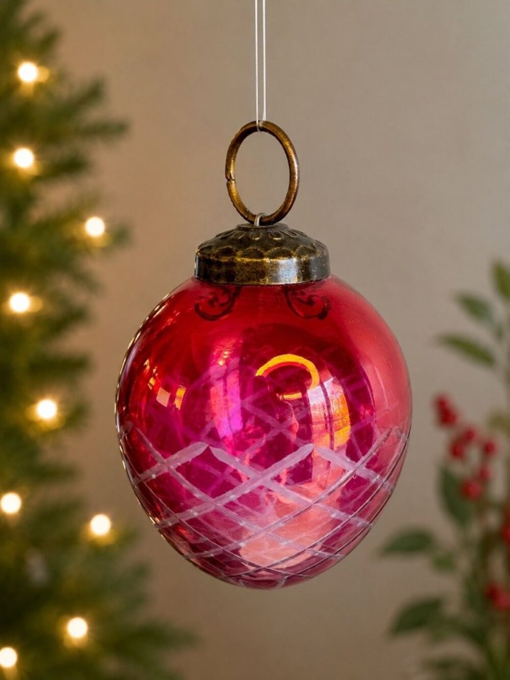 Pink Kugle Style Glass Ornament Heavy Glass Lattice Pattern Hanging Ball 4"